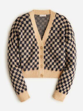 J. Crew Sz. XS Ink/Natural Checkered V-neck Cardigan Sweater In Brushed Yarn